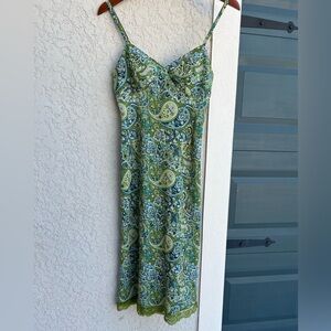 Vintage Y2K Express Paisley Slip Dress Green Lace Size 1/2 XS Spaghetti Strap